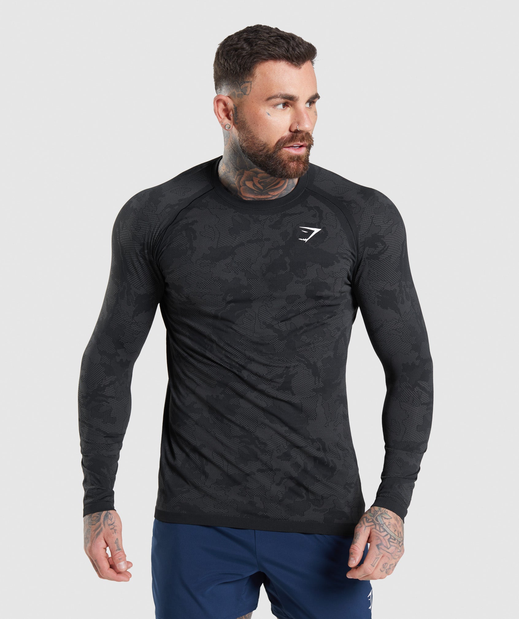 Black / Grey Men's Gymshark Geo Seamless Long Sleeve T Shirts | GTPWDF-879