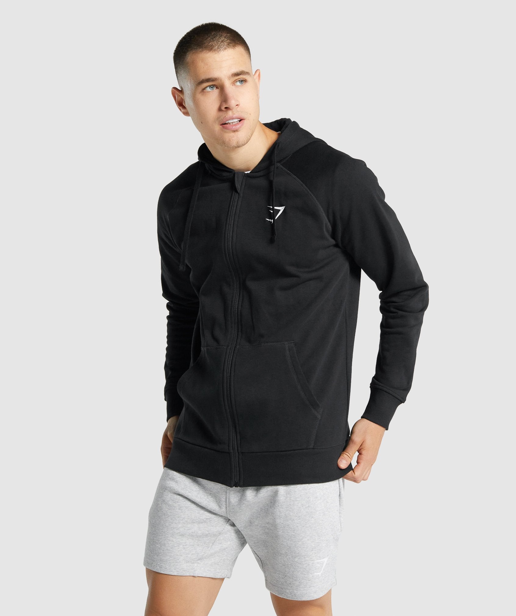 Black Men's Gymshark Crest Zip Up Hoodie | HDVQGL-794