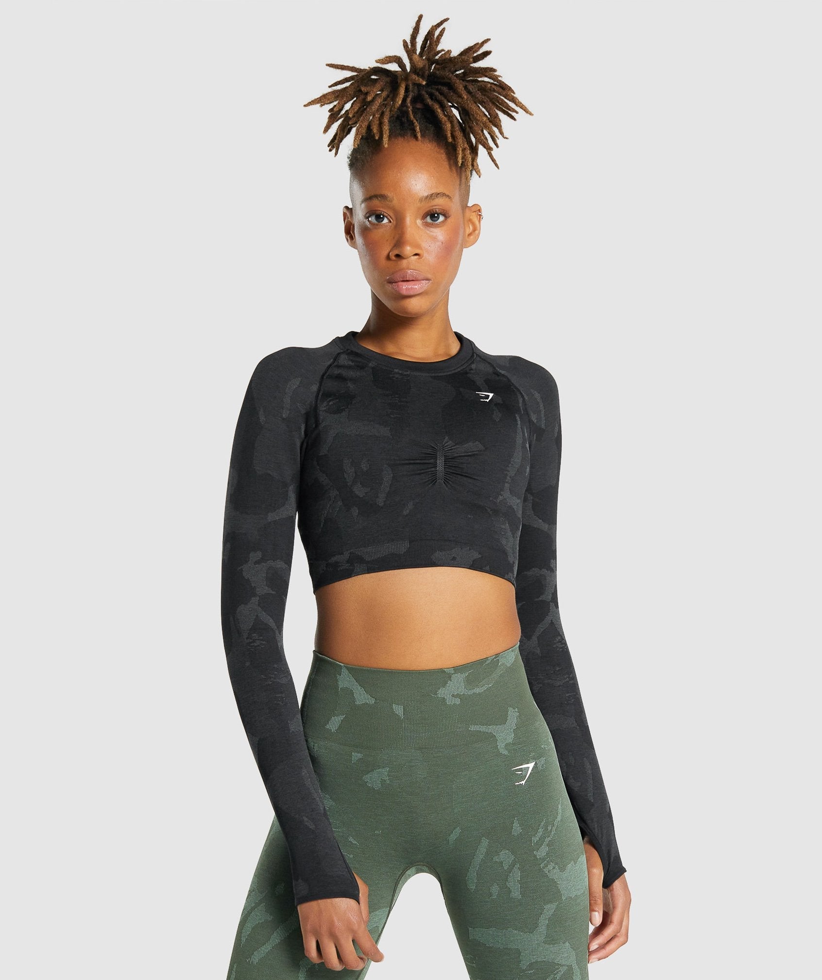 Black Women's Gymshark Adapt Camo Seamless Long Sleeve Crop Tops | PBMWLY-469