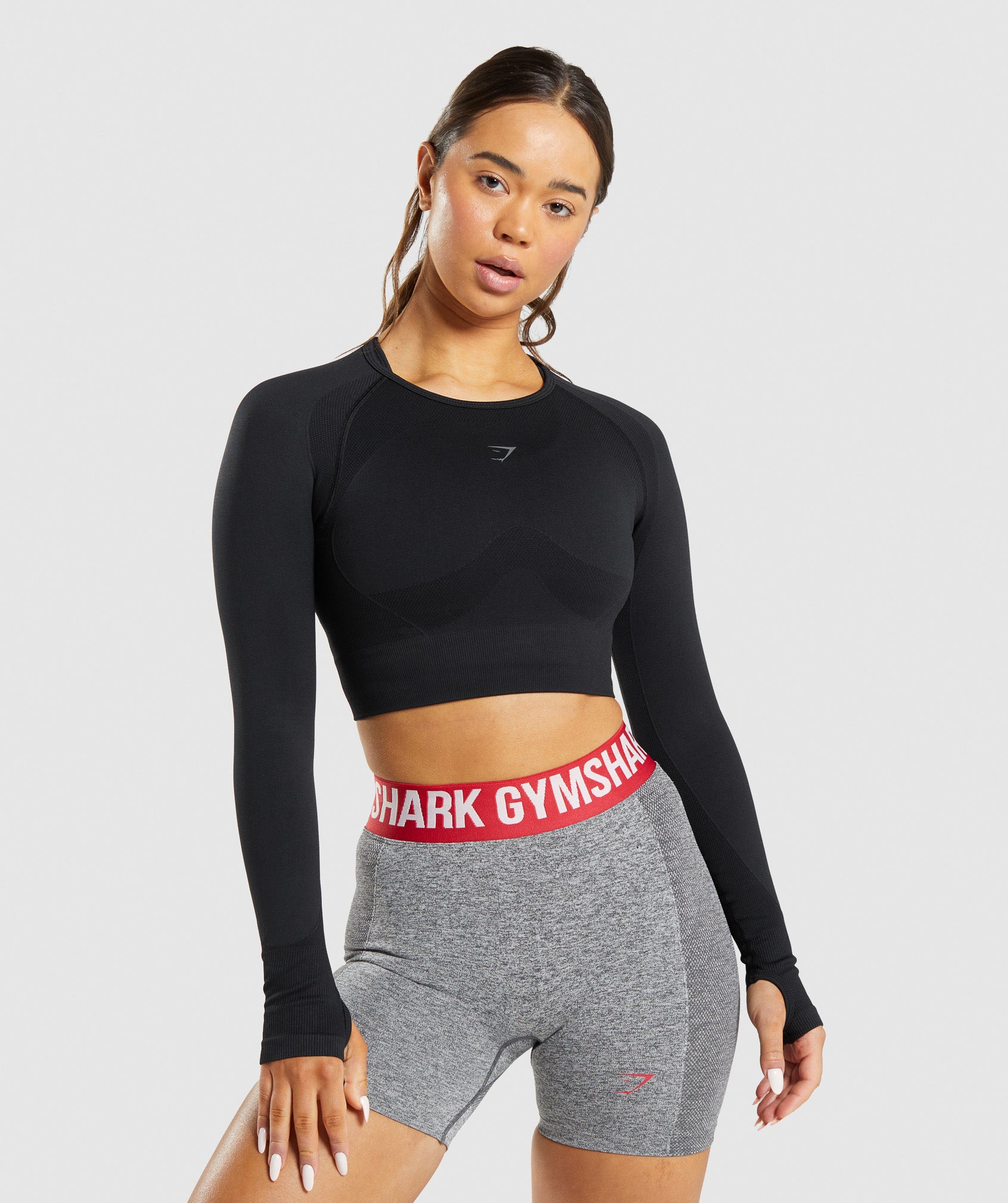 Black Women's Gymshark Flex Sports Long Sleeve Crop Tops | CUTPZX-531