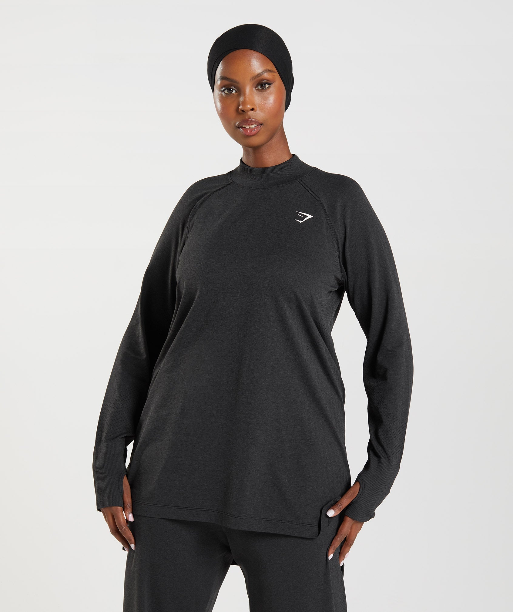 Black Women's Gymshark Vital Seamless Long Line Tops | PJXOUS-629