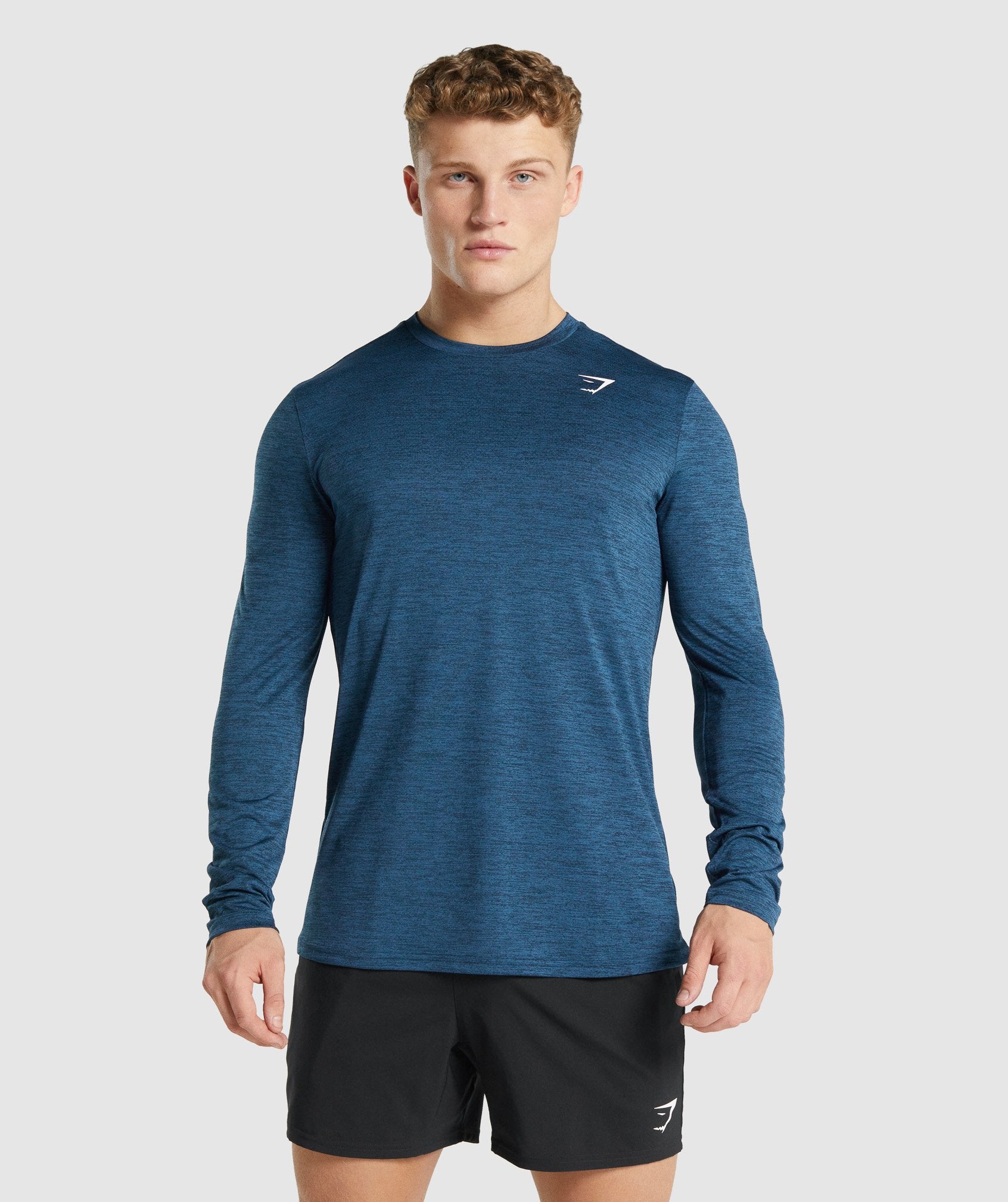 Navy Men's Gymshark Arrival Marl Long Sleeve T Shirts | DQCFKM-924