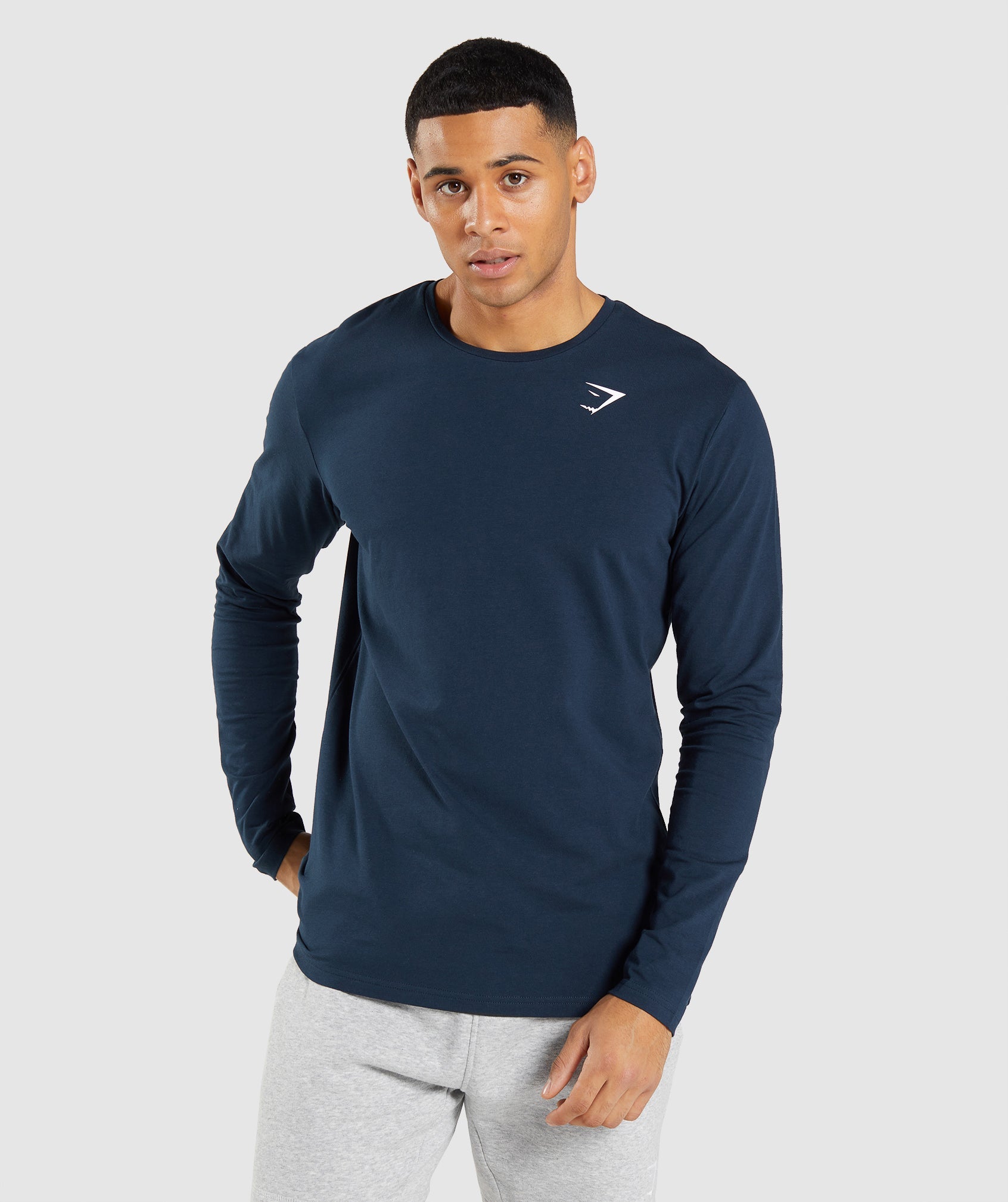 Navy Men's Gymshark Essential Long Sleeve T Shirts | BNQFTS-024