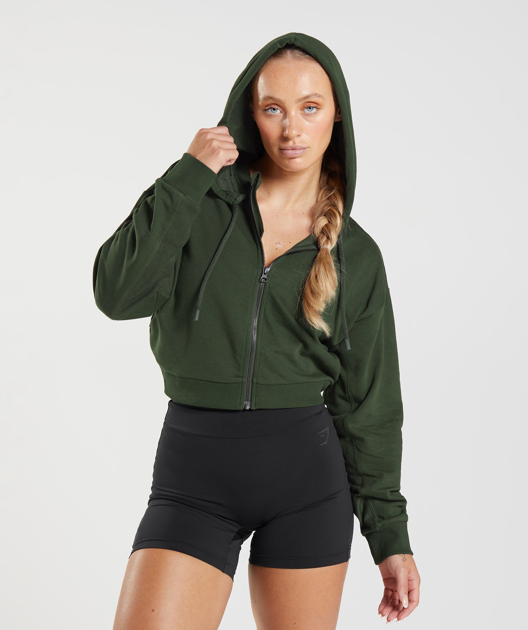 Olive Women's Gymshark GS Power Cropped Zip Hoodie | NEJRIH-293