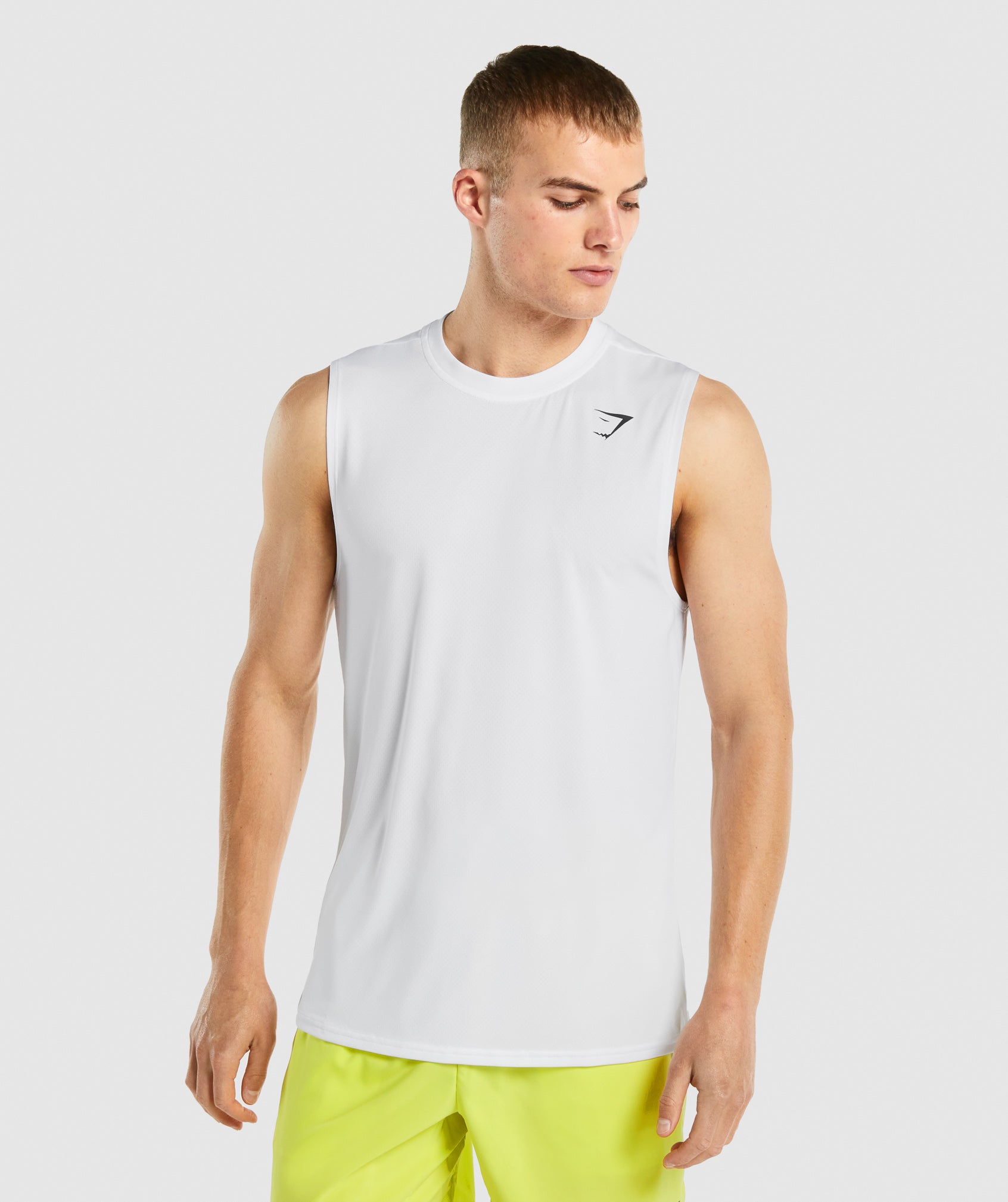 White Men's Gymshark Arrival Sleeveless T Shirts | QWDOAK-012