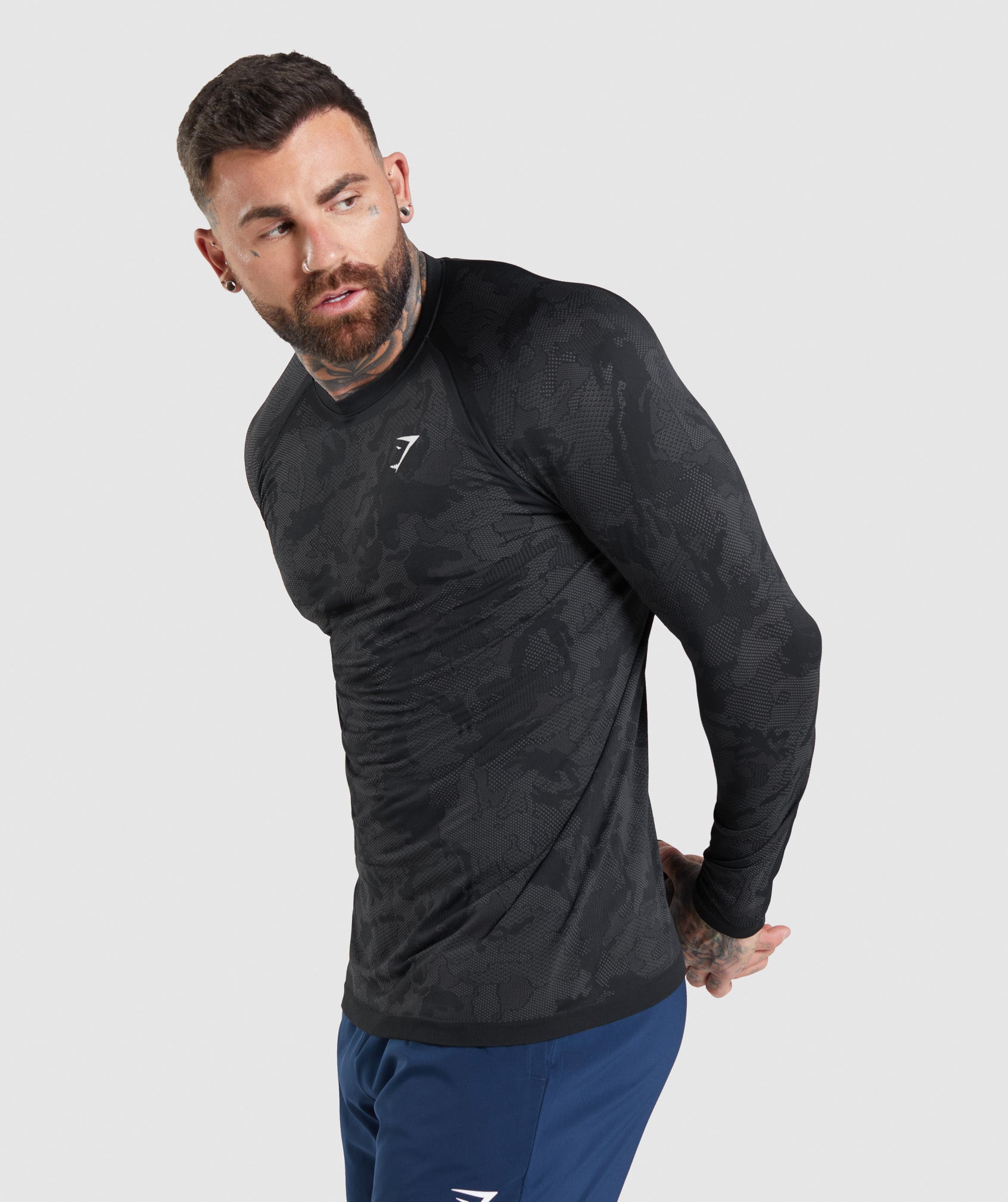 Black / Grey Men's Gymshark Geo Seamless Long Sleeve T Shirts | GTPWDF-879