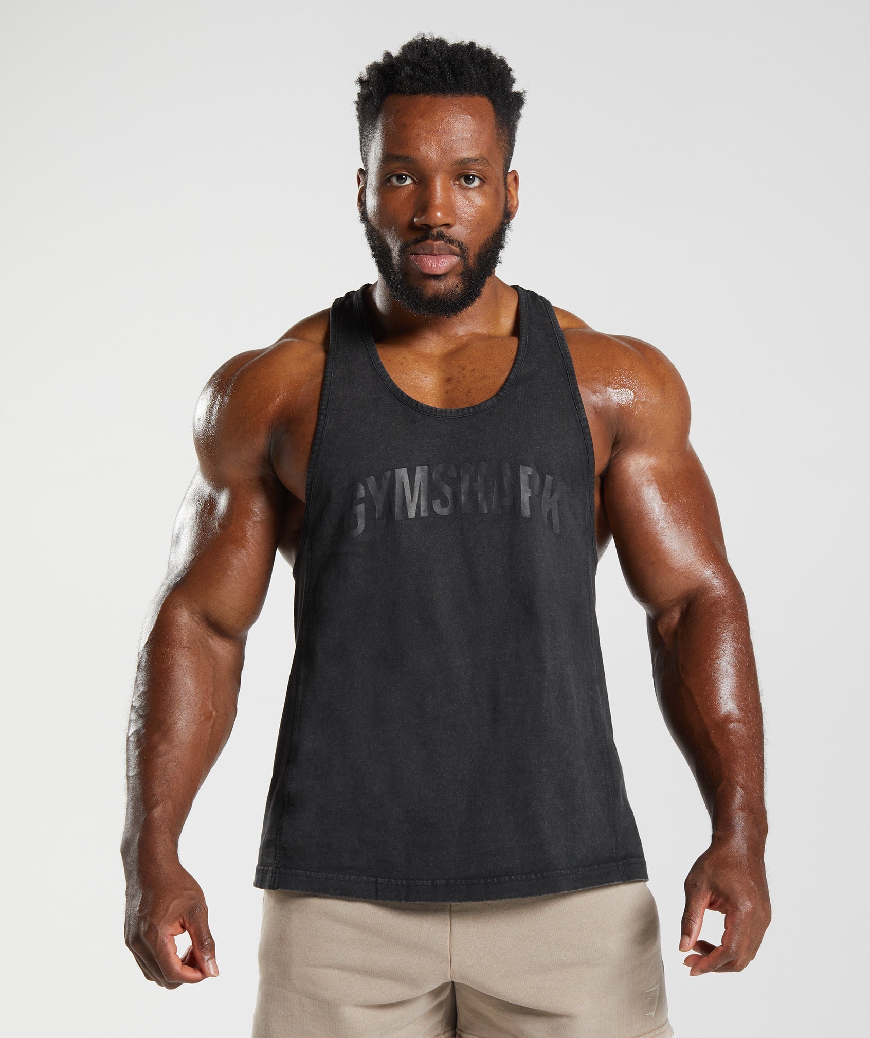 Black Men\'s Gymshark Power Washed Stringer Vest | LVEKDN-930