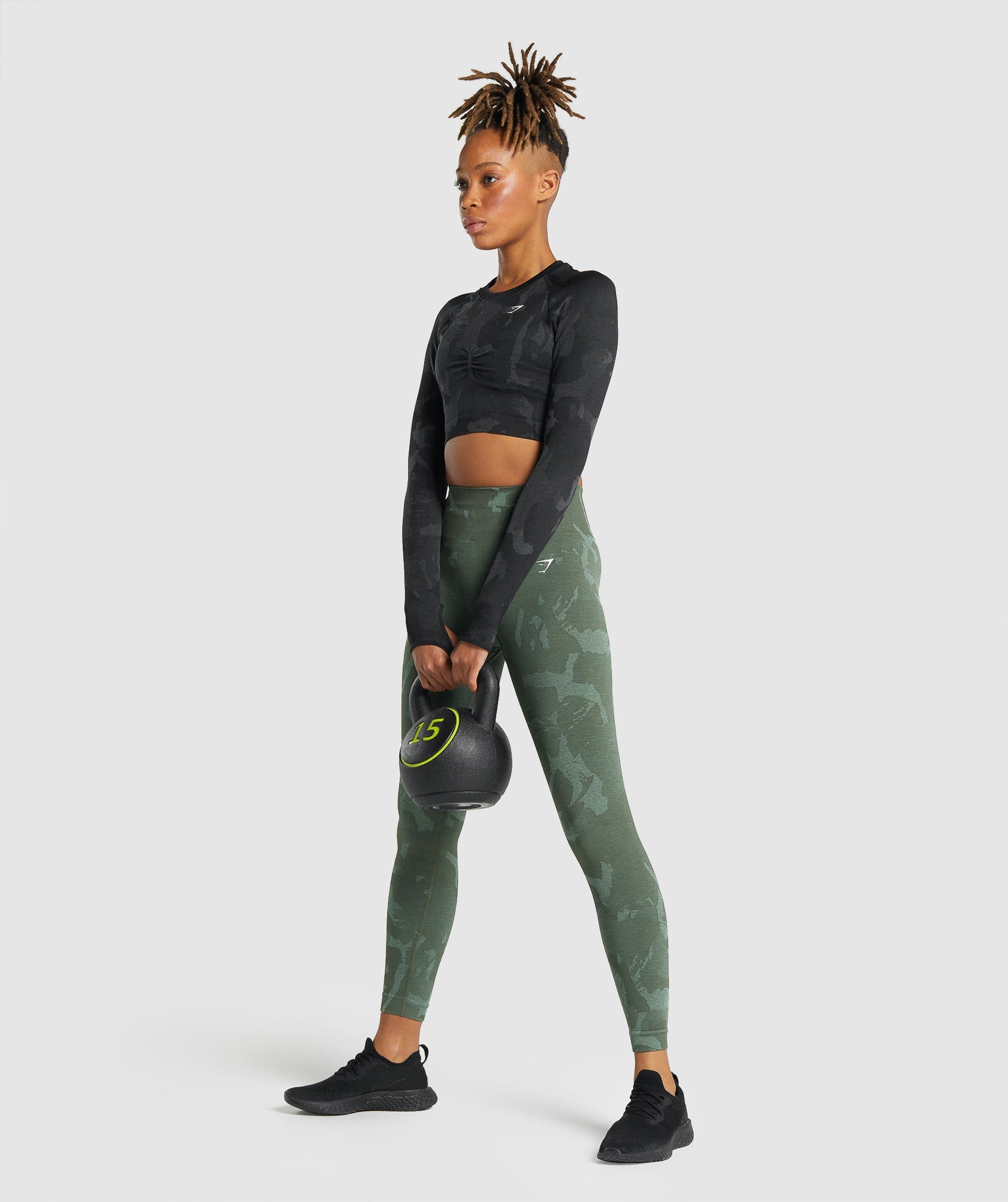 Black Women's Gymshark Adapt Camo Seamless Long Sleeve Crop Tops | PBMWLY-469