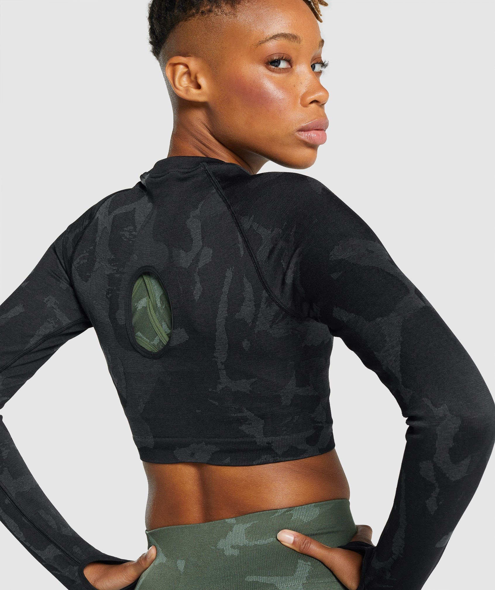 Black Women's Gymshark Adapt Camo Seamless Long Sleeve Crop Tops | PBMWLY-469