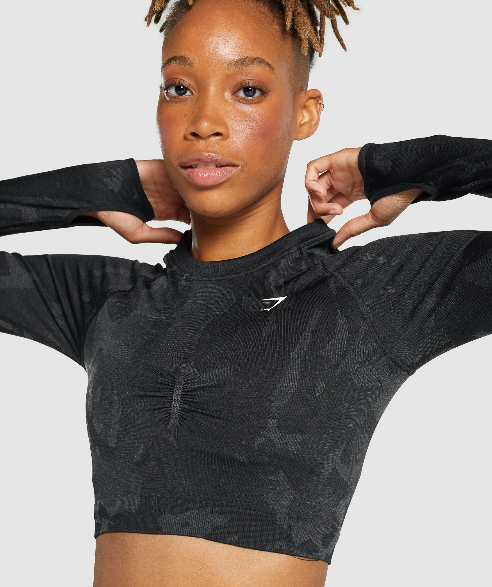 Black Women's Gymshark Adapt Camo Seamless Long Sleeve Crop Tops | PBMWLY-469