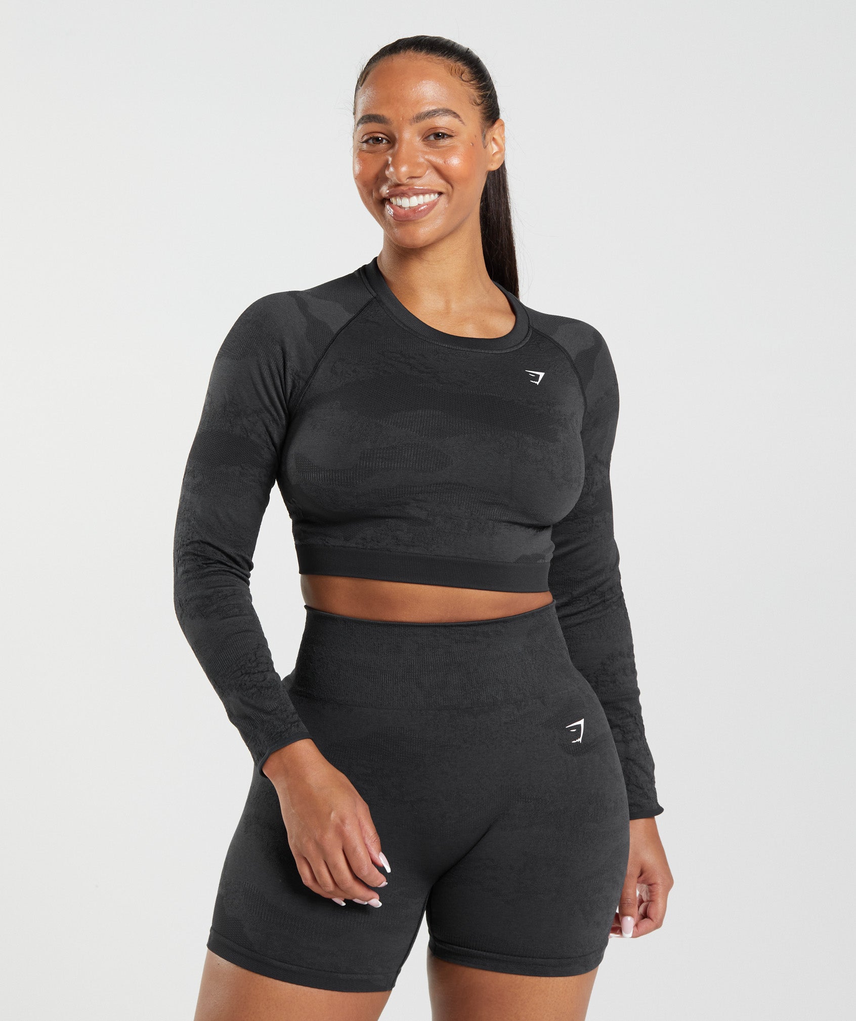 Black Women's Gymshark Adapt Camo Seamless Lace Up Back Tops | SAILFE-051