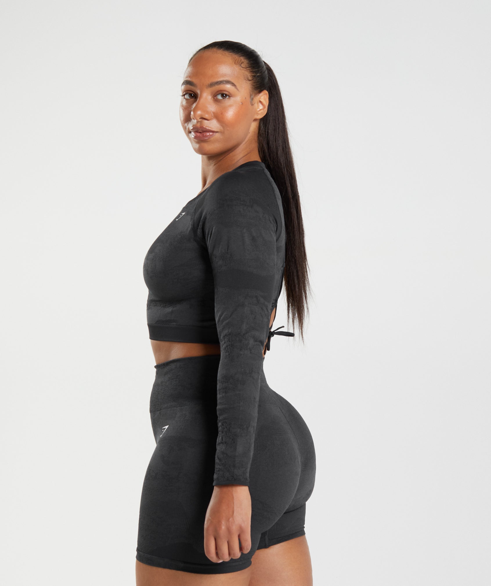 Black Women's Gymshark Adapt Camo Seamless Lace Up Back Tops | SAILFE-051