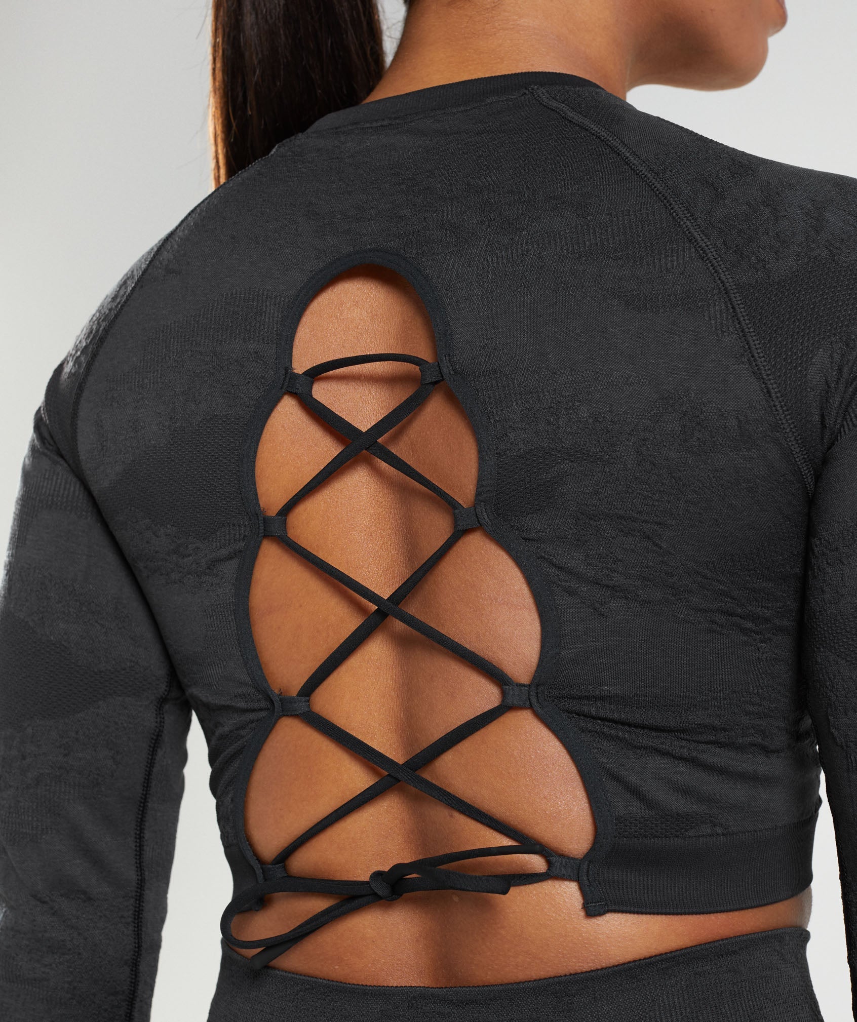 Black Women's Gymshark Adapt Camo Seamless Lace Up Back Tops | SAILFE-051