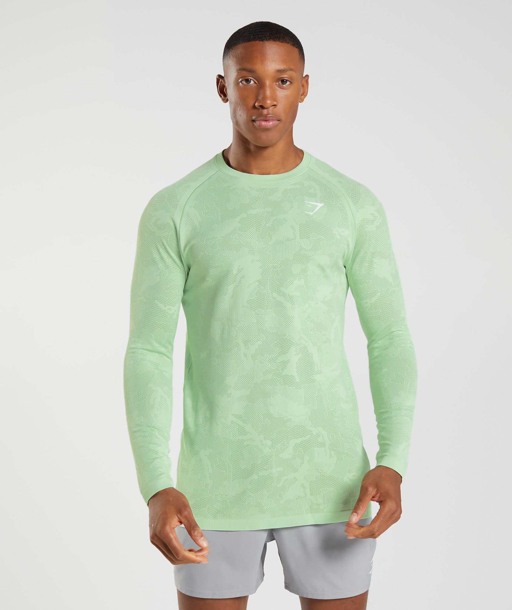 Green / Green Men\'s Gymshark Geo Seamless Long Sleeve T Shirts | JIBPLG-645