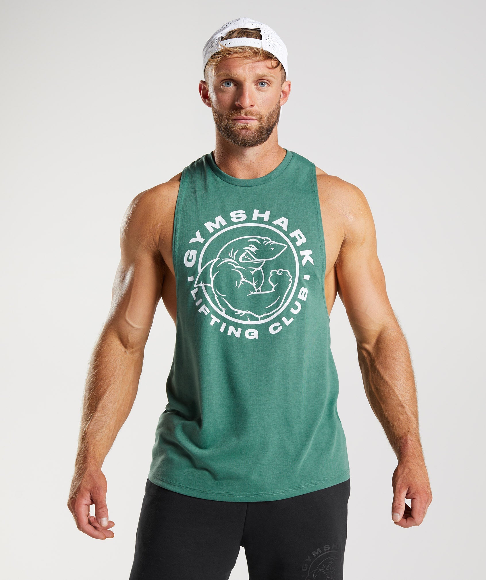 Green Men\'s Gymshark Legacy Drop Arm Tanks | JLHXIF-389