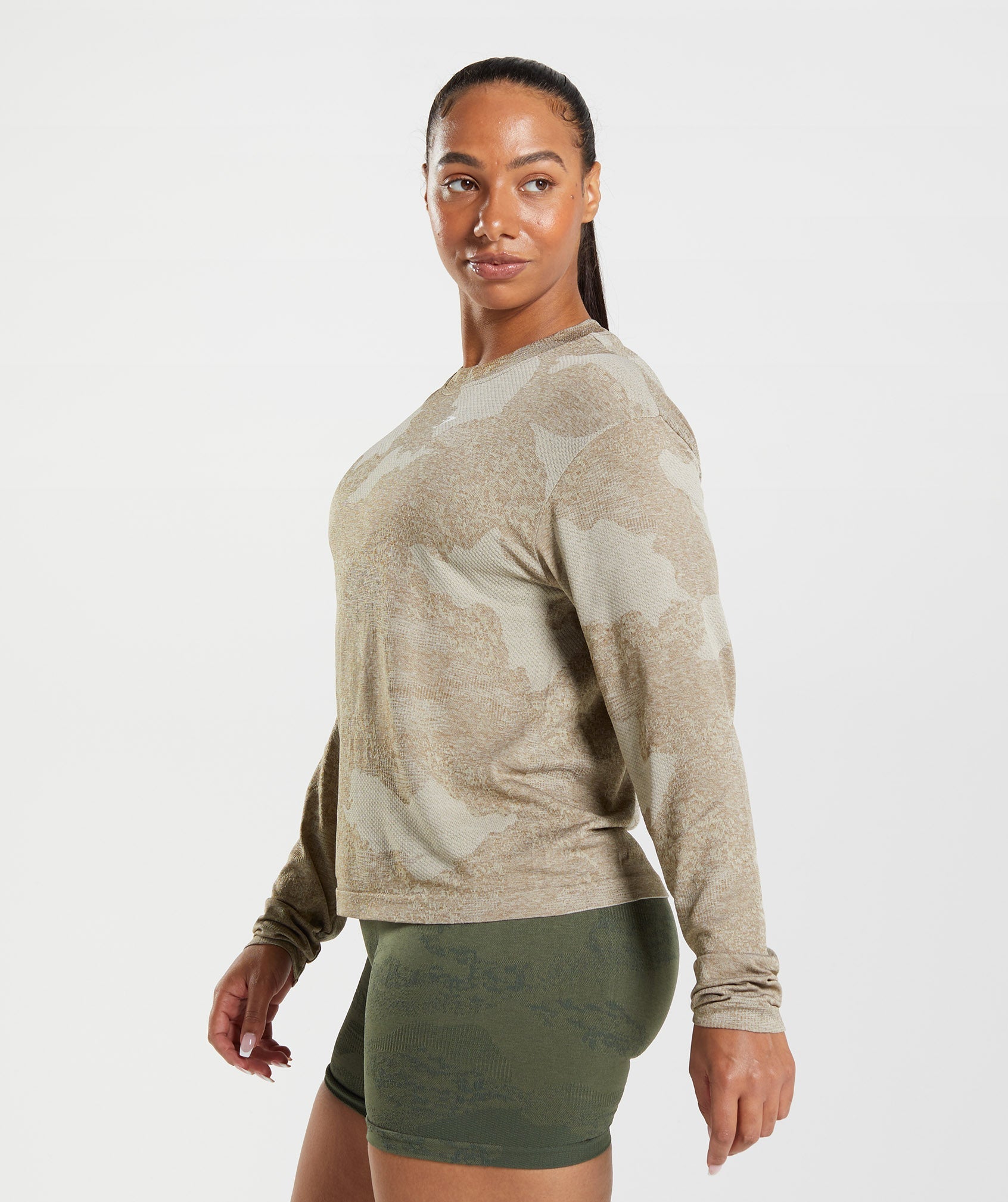 Grey / Brown Women's Gymshark Adapt Camo Seamless Long Sleeve Tops | CZMFPN-374