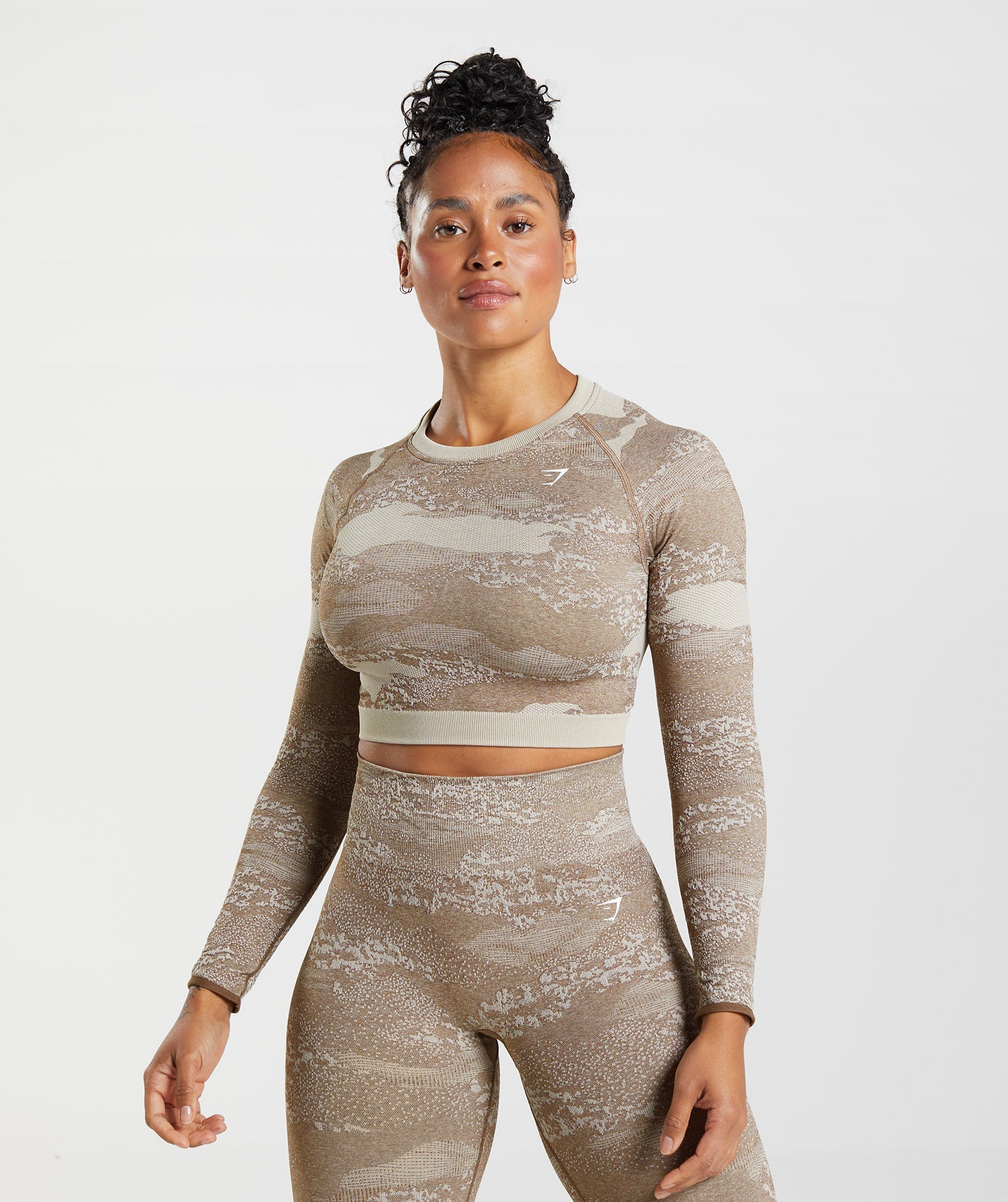 Grey / Brown Women's Gymshark Adapt Camo Seamless Lace Up Back Tops | RLZCFJ-459