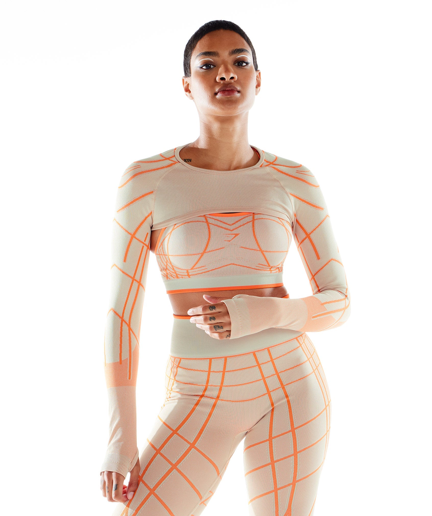 Grey / Orange / White Women\'s Gymshark Wtflex Linear Seamless Long Sleeve Shrug Tops | OWCDXP-631