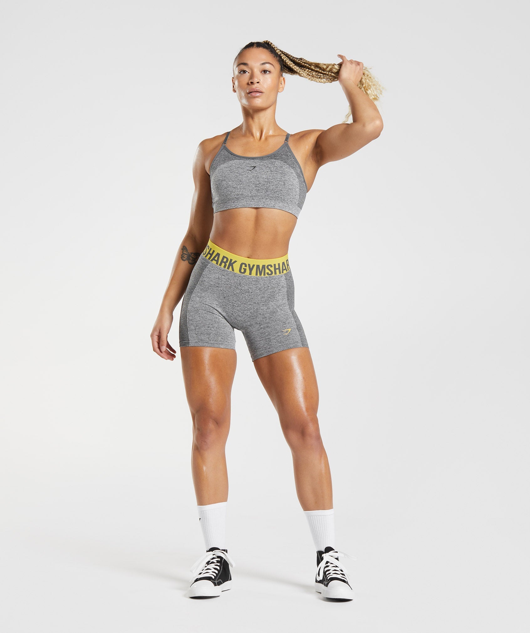 Grey / Yellow Women's Gymshark Flex Shorts | BODQSK-536