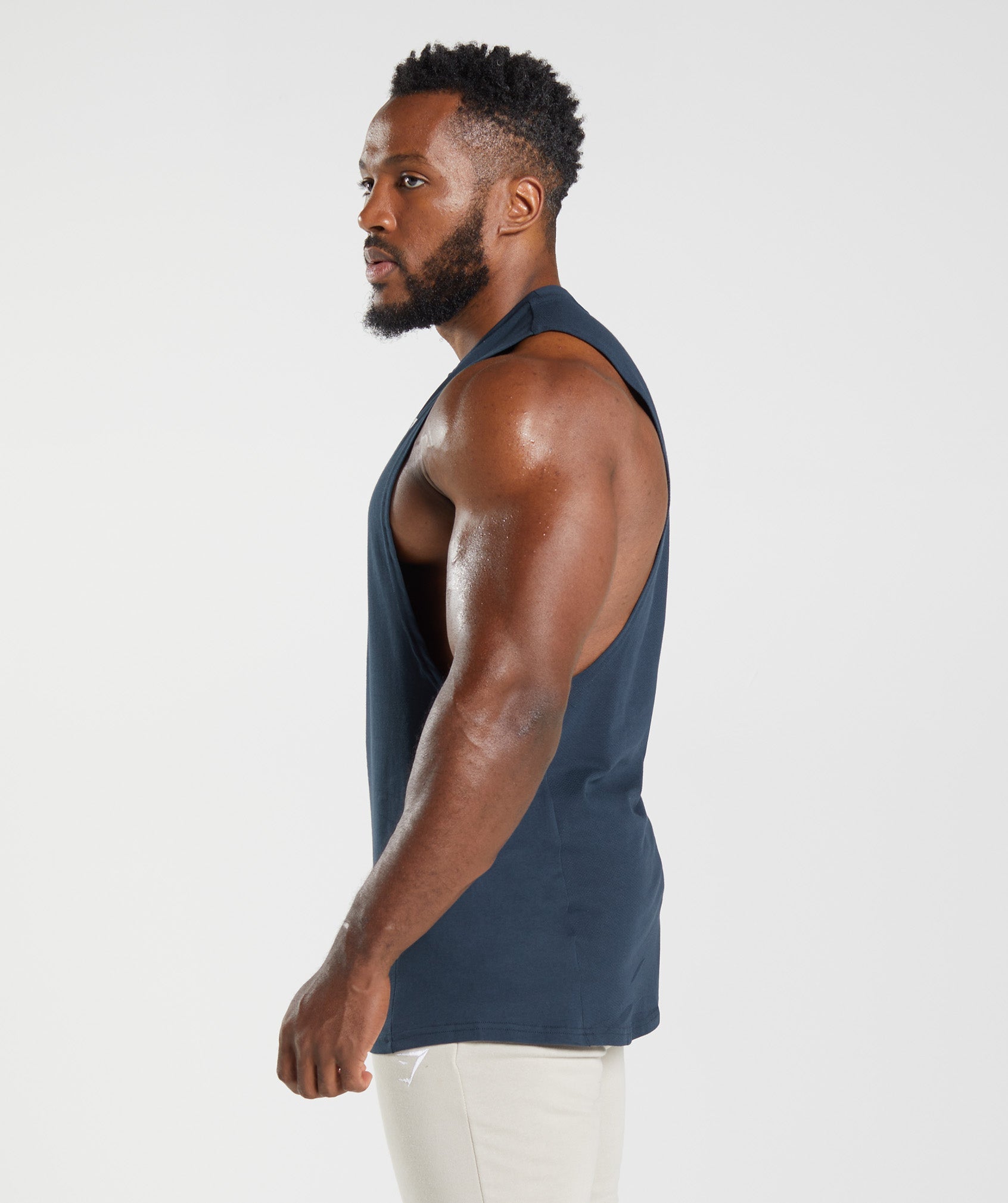 Navy Men's Gymshark React Drop Arm Tanks | TMCOSV-529