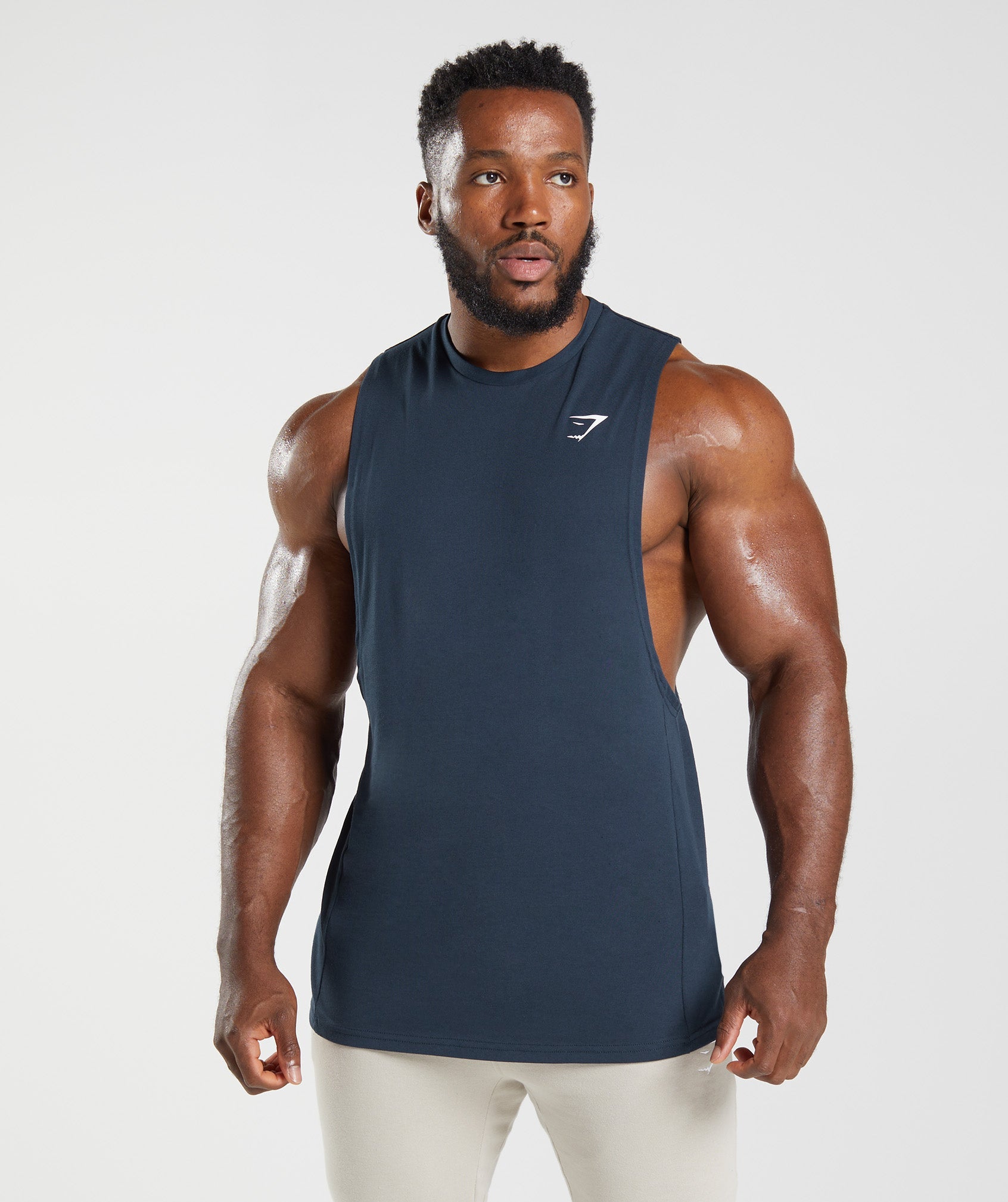 Navy Men\'s Gymshark React Drop Arm Tanks | TMCOSV-529