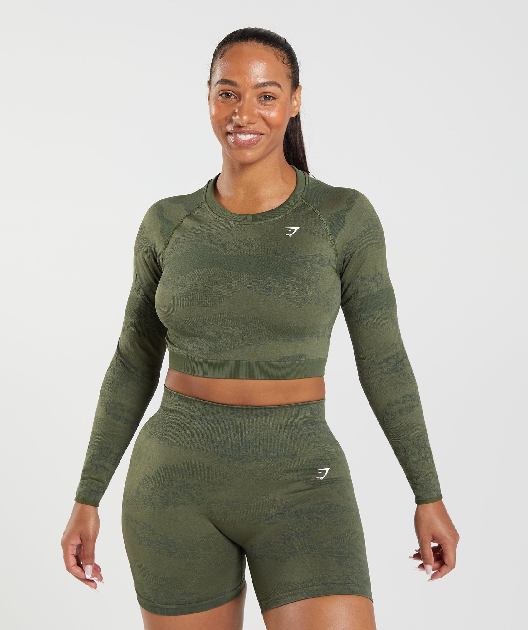 Olive Women's Gymshark Adapt Camo Seamless Lace Up Back Tops | MIRAKH-160