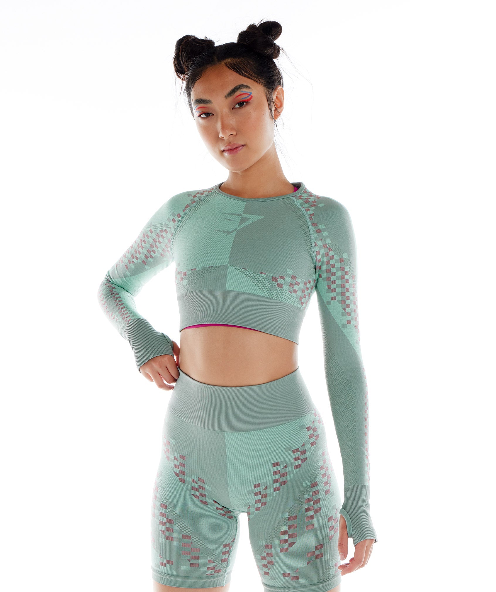 Pink / Blue Women\'s Gymshark Wtflex Cyborg Seamless Long Sleeve Crop Tops | OLNAGV-601