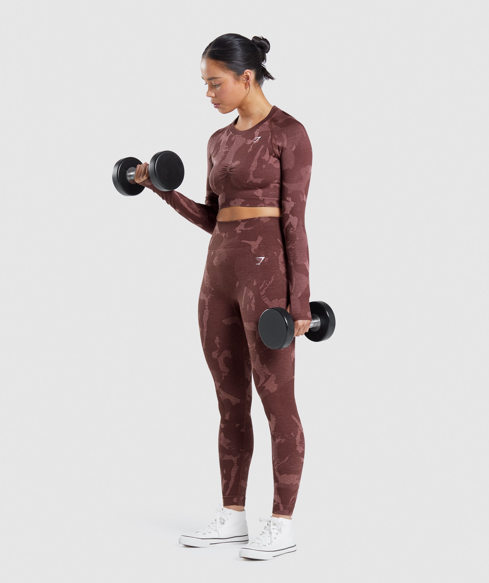 Pink Brown Women's Gymshark Adapt Camo Seamless Long Sleeve Crop Tops | YXIOMD-854