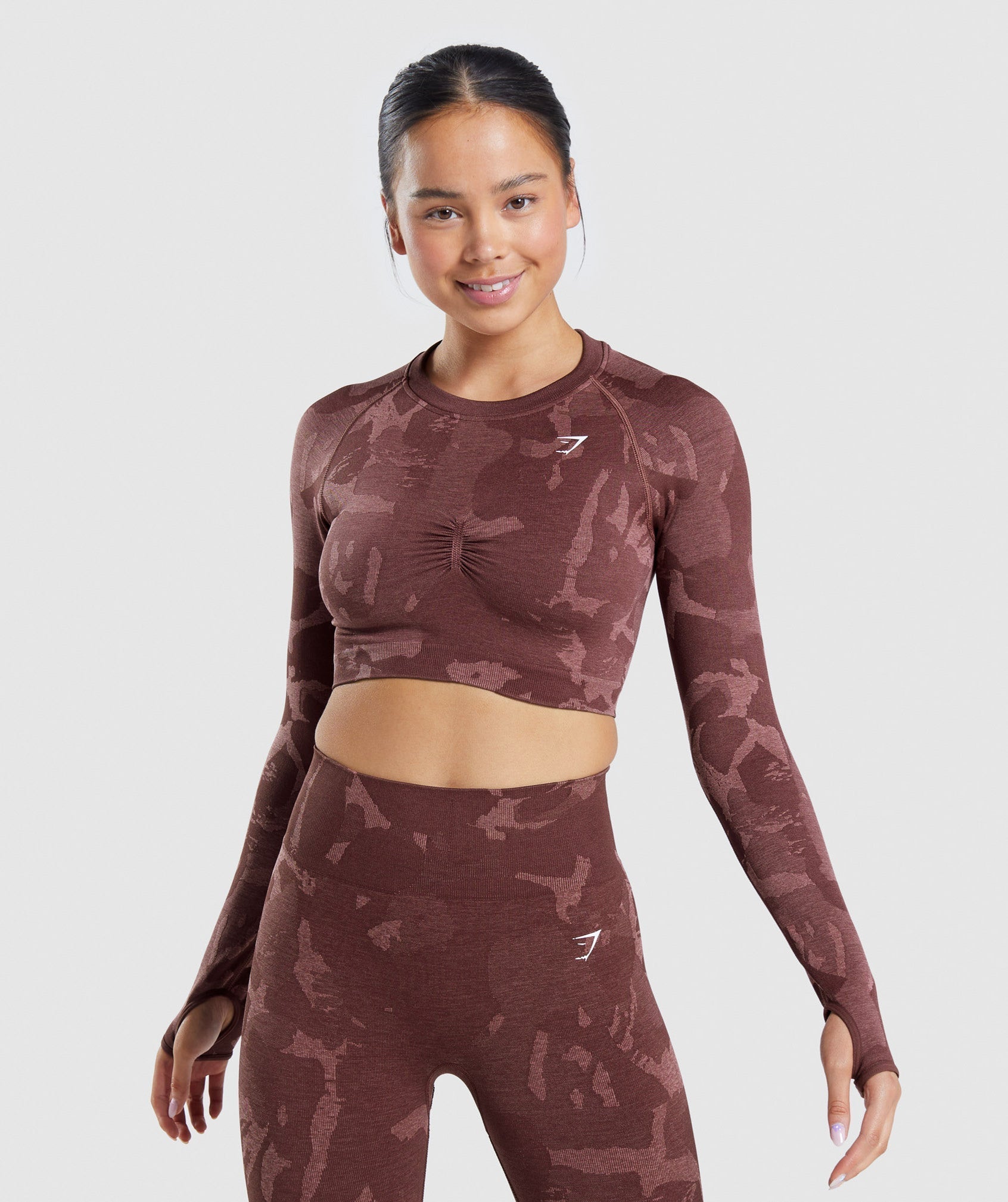 Pink Brown Women\'s Gymshark Adapt Camo Seamless Long Sleeve Crop Tops | YXIOMD-854