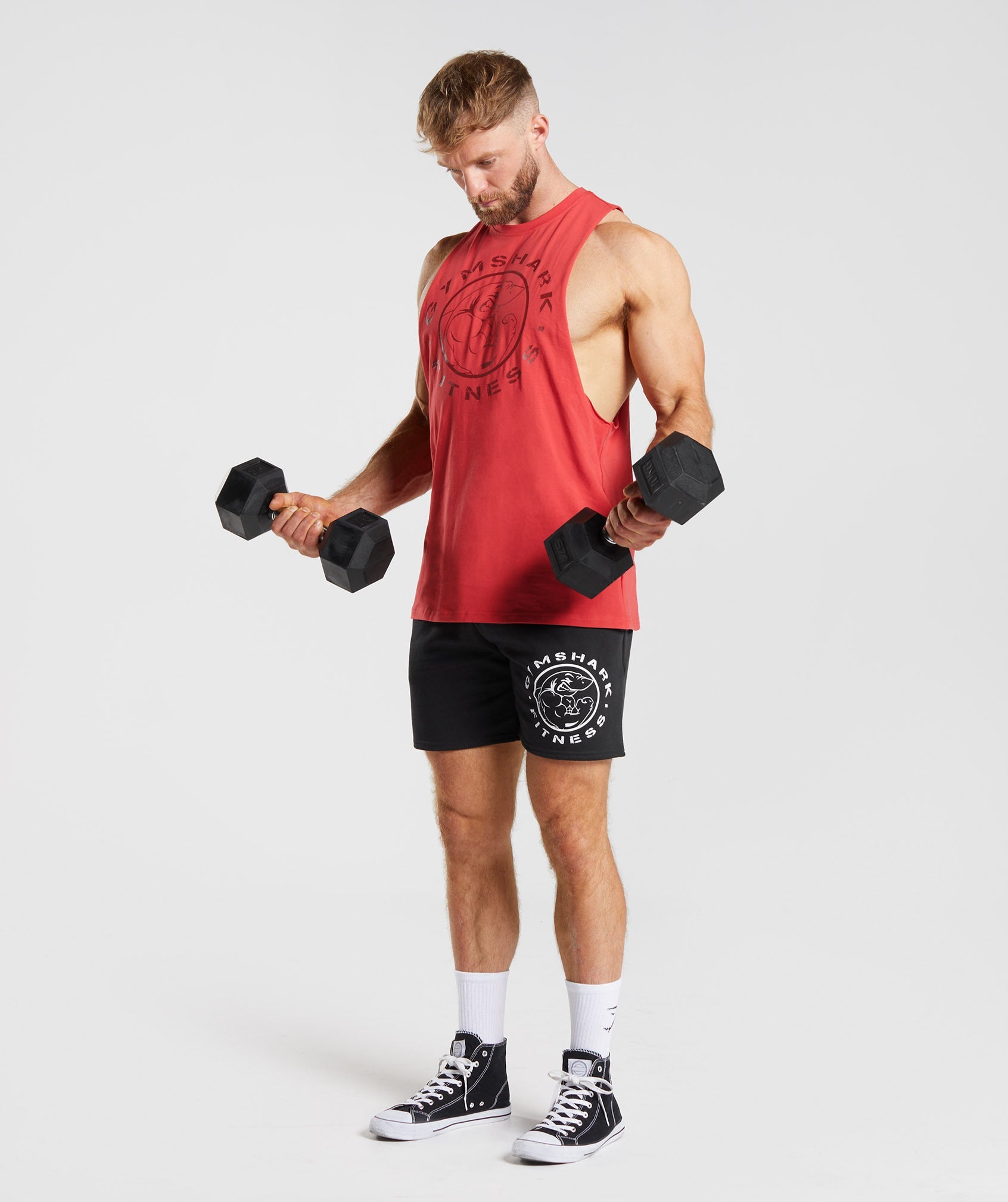 Red Men's Gymshark Legacy Drop Arm Tanks | QGNUPB-971