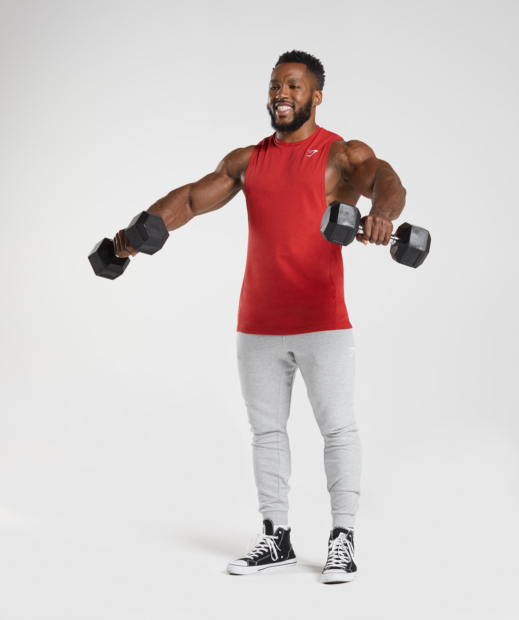 Red Men's Gymshark React Drop Arm Tanks | JRBPKD-351