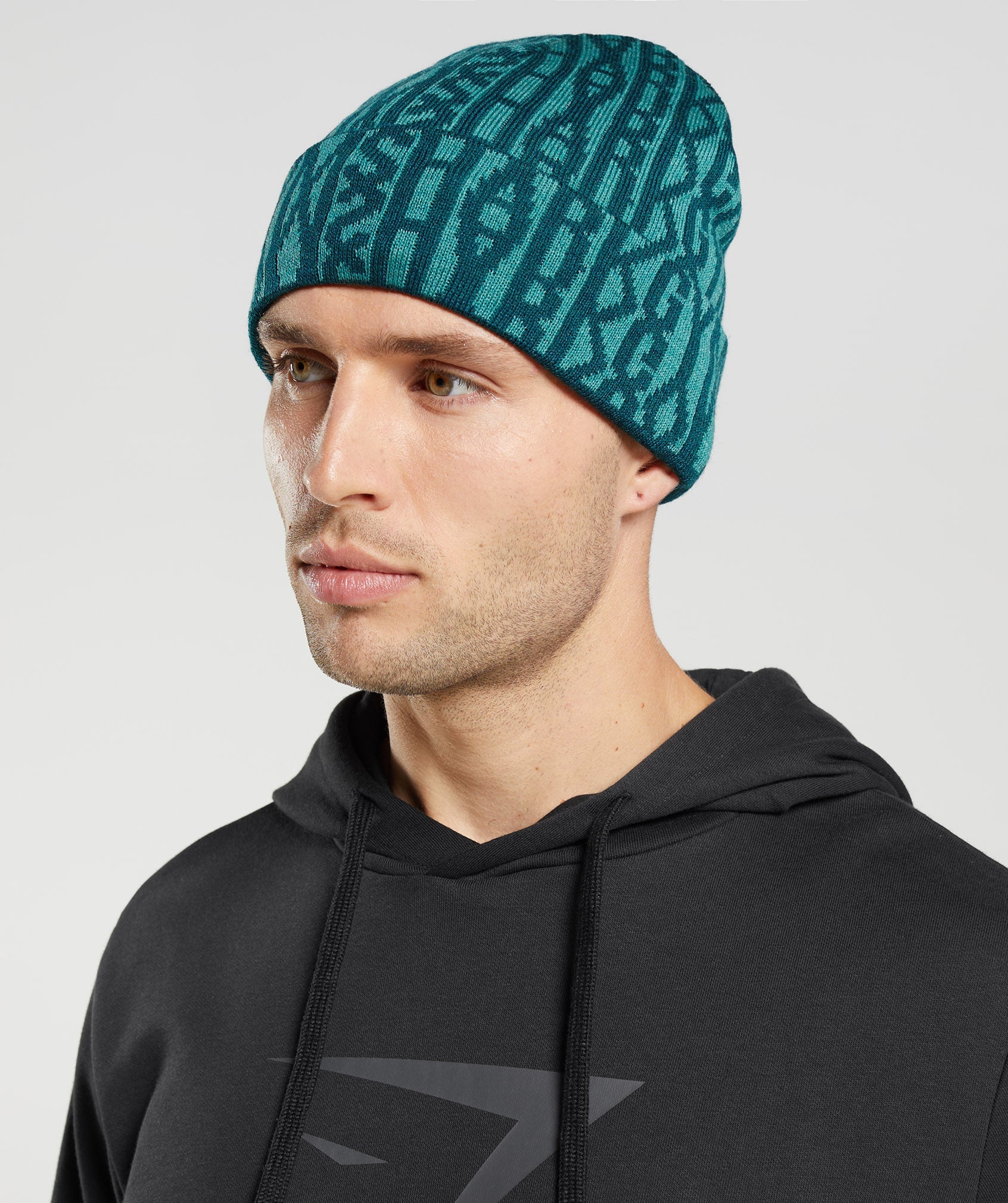 Turquoise / Blue Men's Gymshark Reversable Jacquard Beanie Hats | QBUFEH-754