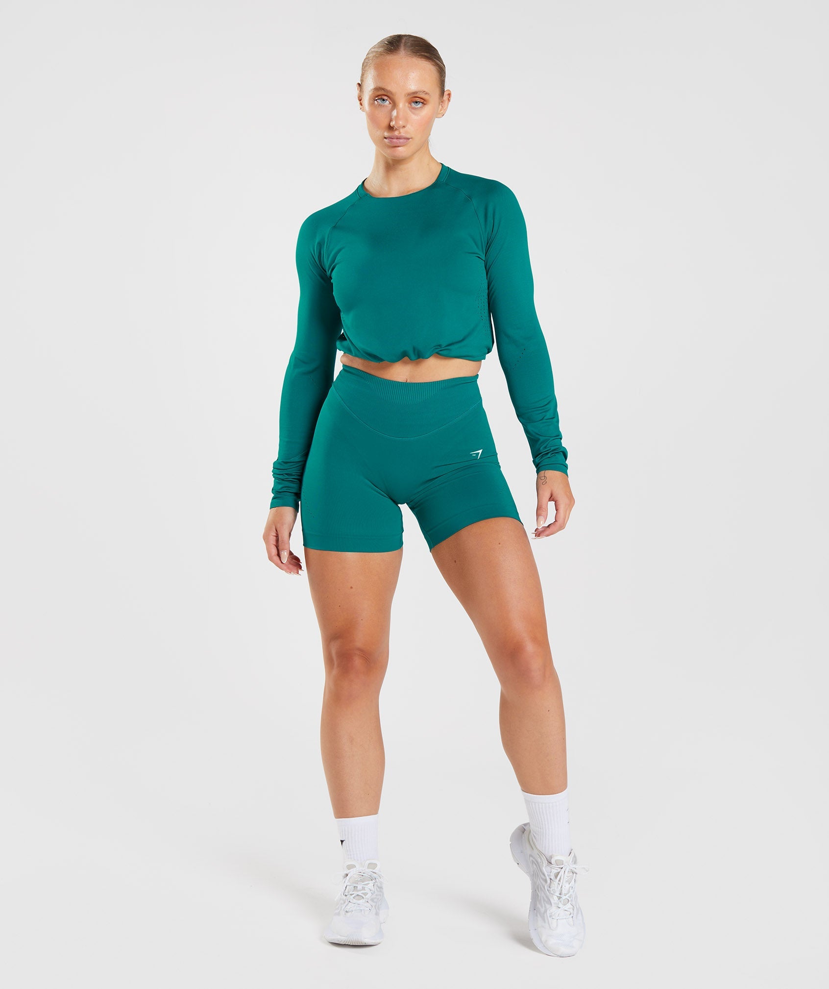 Turquoise Women's Gymshark Sweat Seamless Long Sleeve Crop Tops | BDUKTN-056