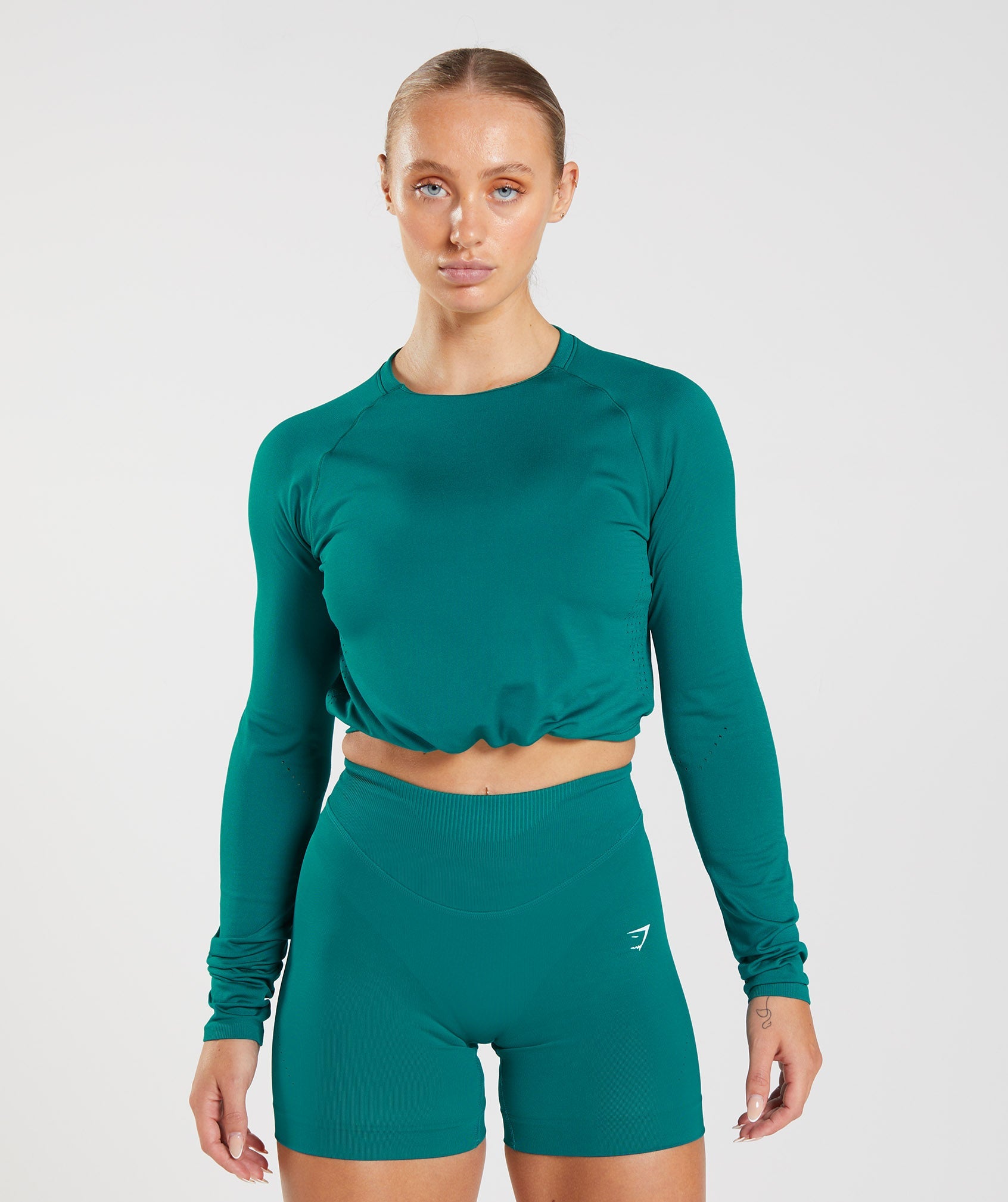 Turquoise Women\'s Gymshark Sweat Seamless Long Sleeve Crop Tops | BDUKTN-056