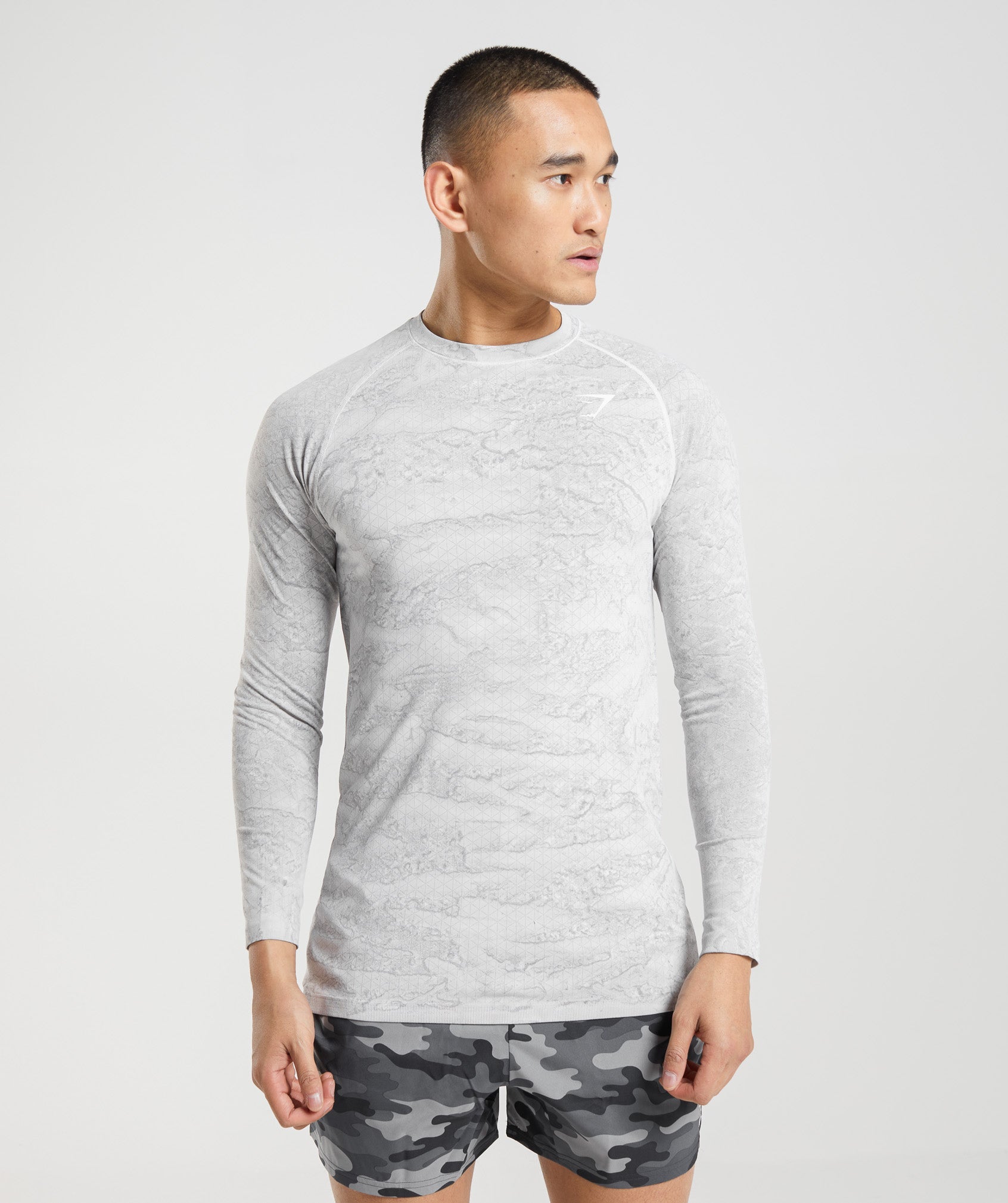 White / Light Grey Men\'s Gymshark Geo Seamless Long Sleeve T Shirts | JTDBFR-752