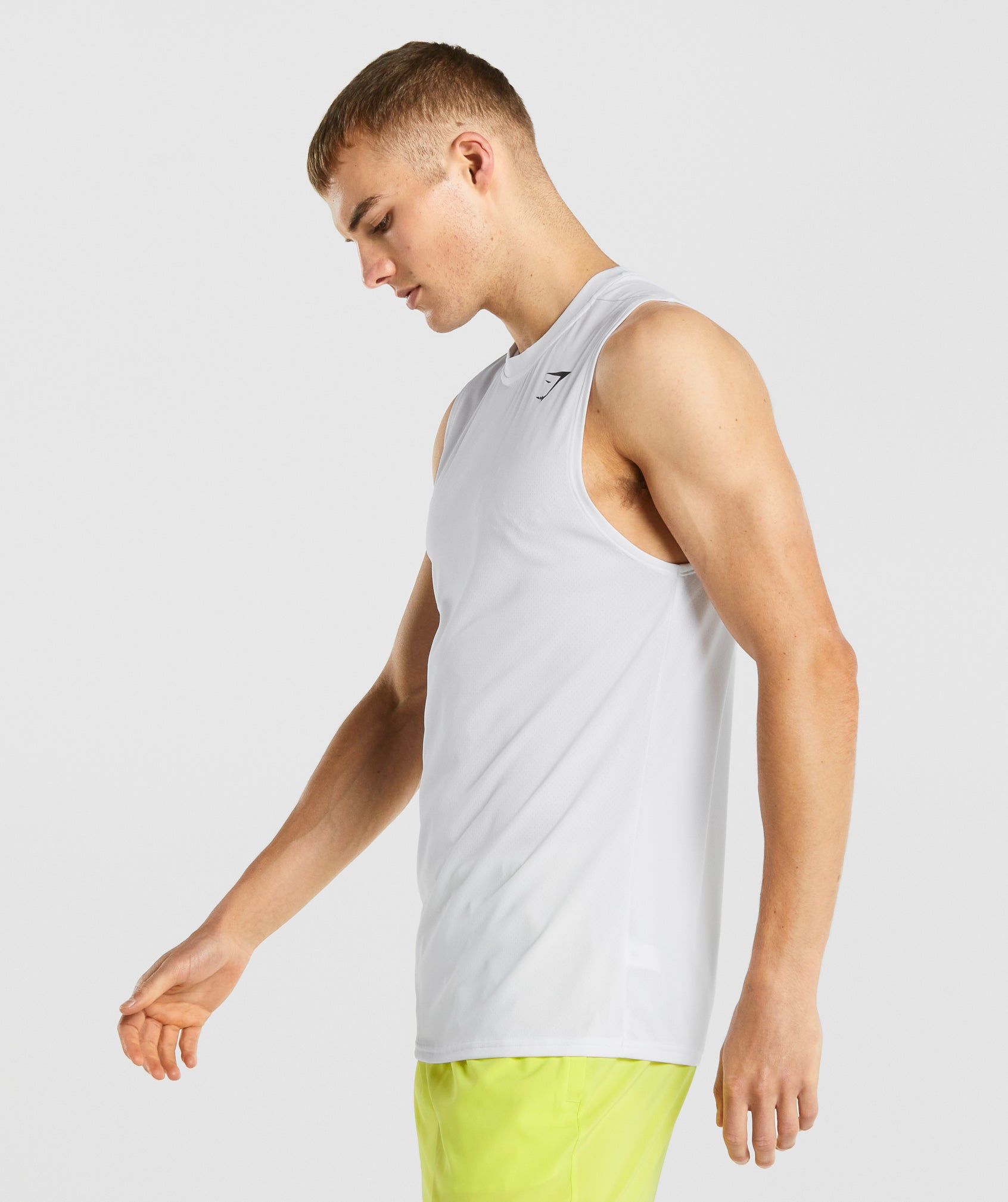 White Men's Gymshark Arrival Sleeveless T Shirts | QWDOAK-012